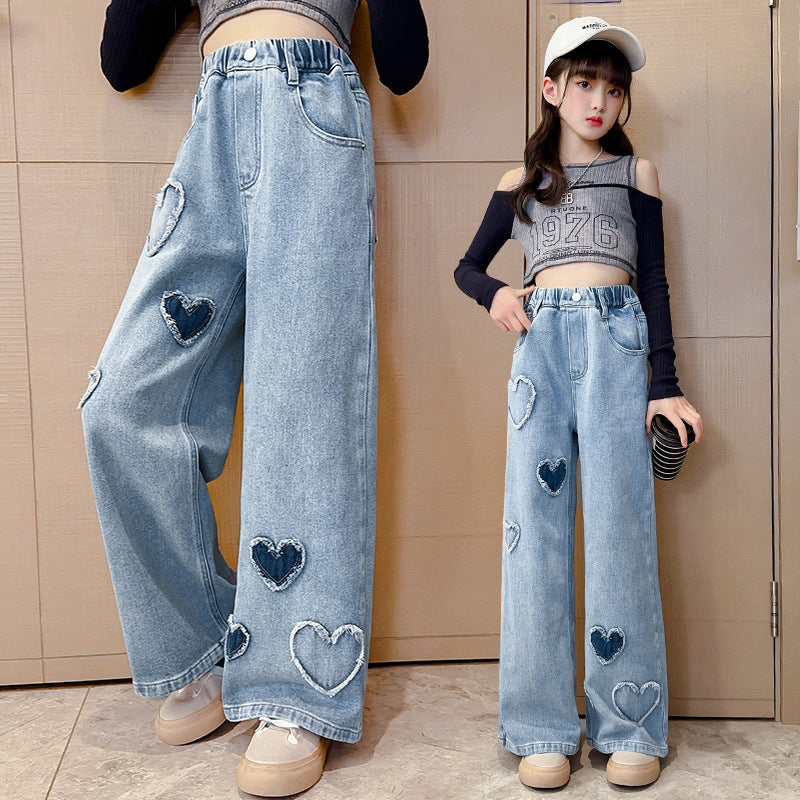 Girls' Blue Raw Edge Denim Wide-Leg Pants