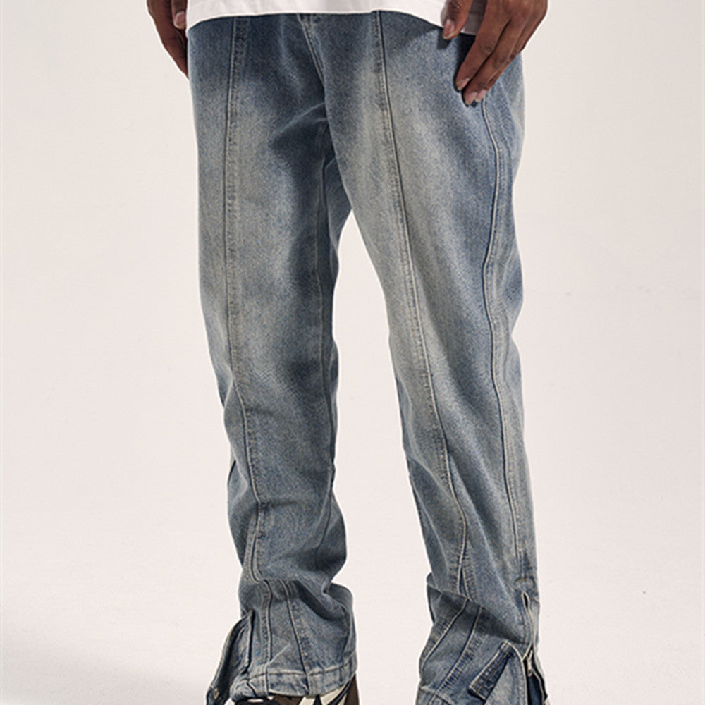 High Street Washed Blue Distressed 3D Cut Jeans With Side Zipper