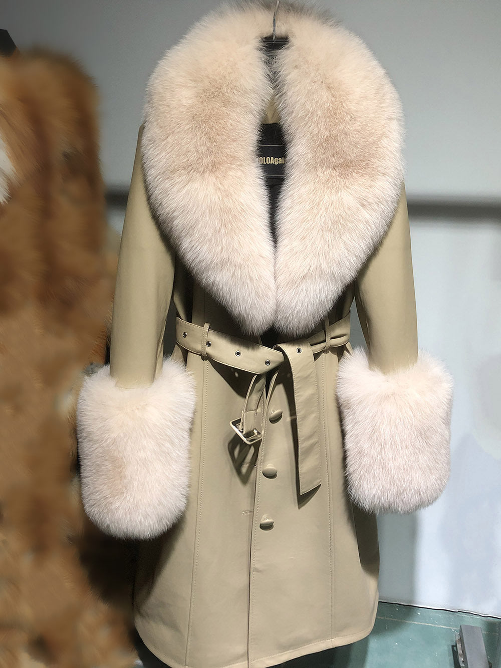 Slim-Fit Genuine Leather Sheepskin Coat with Fox Fur Collar