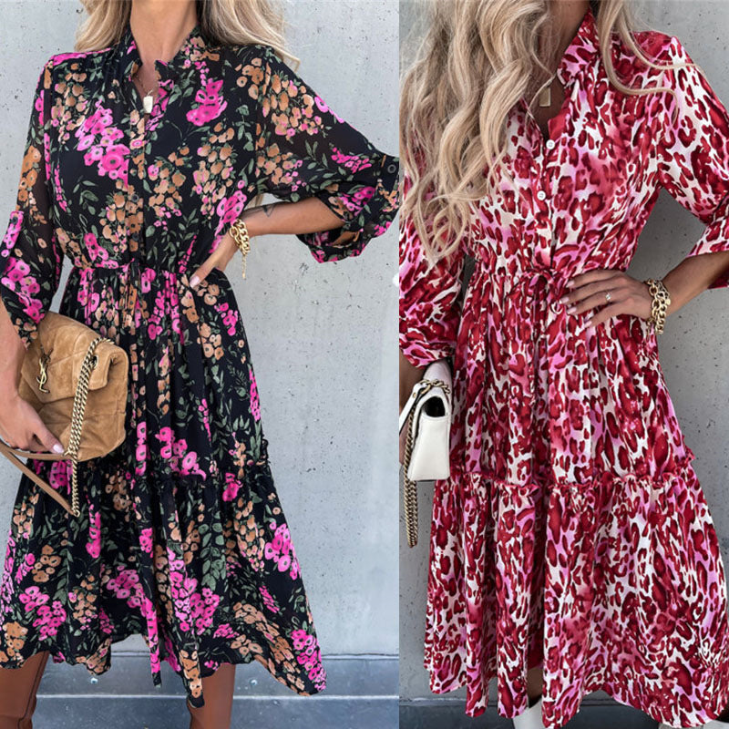 Women's Printed Stand Collar Slim Dress