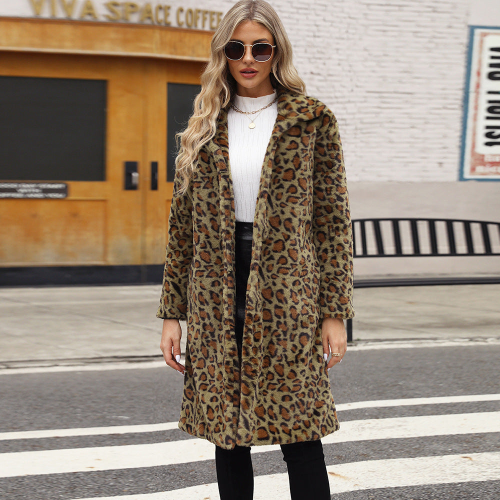 Women's Leopard Print Plush Imitation Fur Lapel Coat