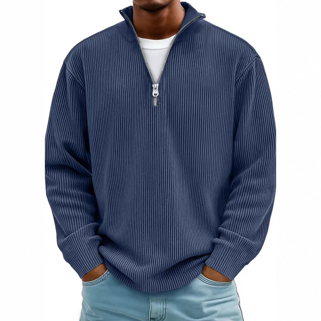 Casual Ribbed Stand Collar Corduroy Zipper Long Sleeve Pullover
