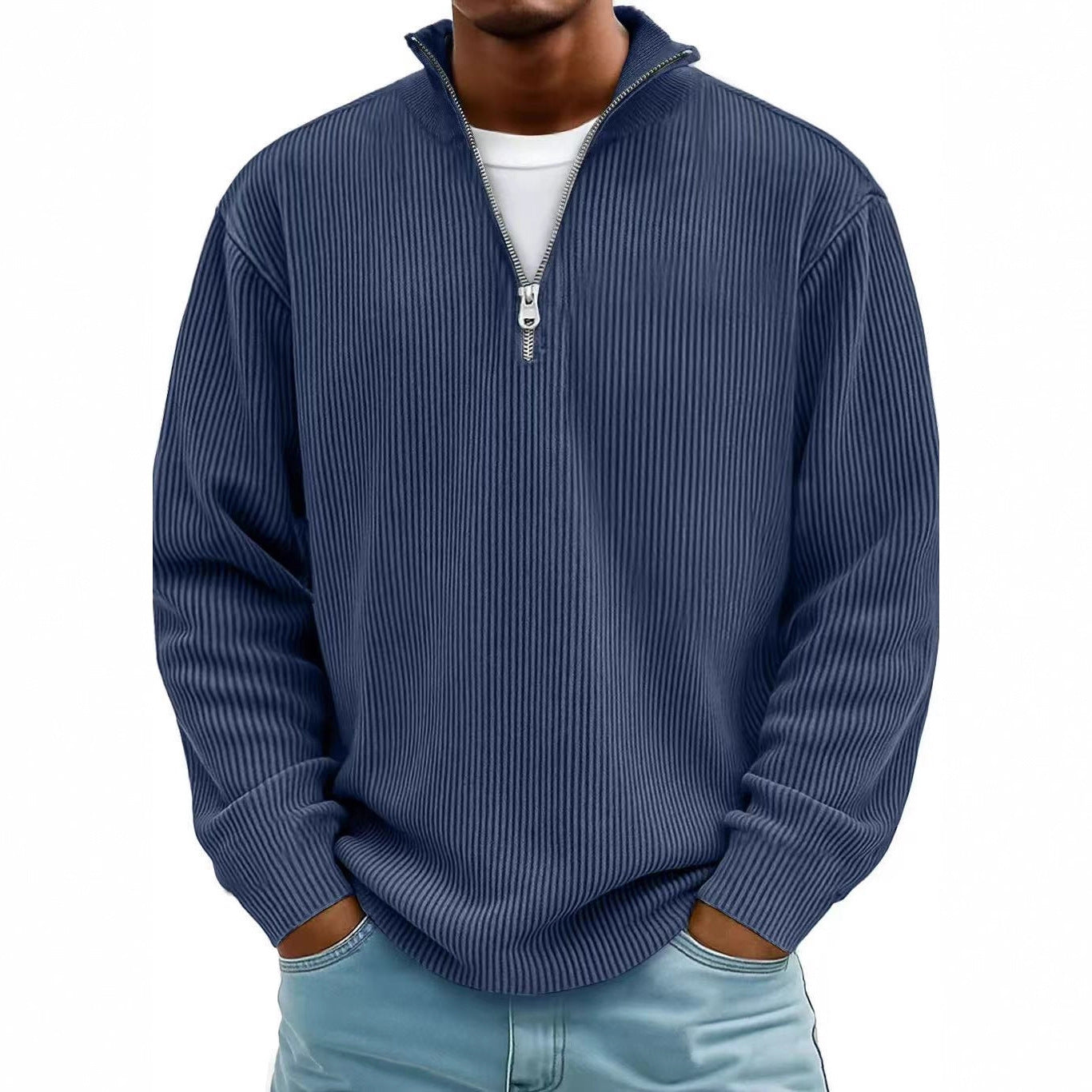 Casual Ribbed Stand Collar Corduroy Zipper Long Sleeve Pullover