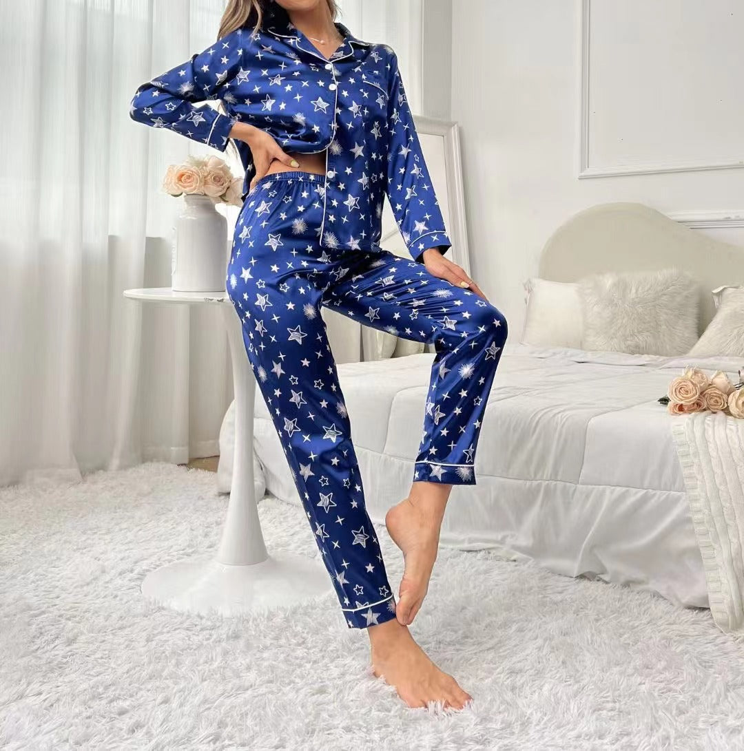 Women’s Sweet Luxury 5050 Artificial Silk Lapel Long Sleeve Pajama Set with Trousers