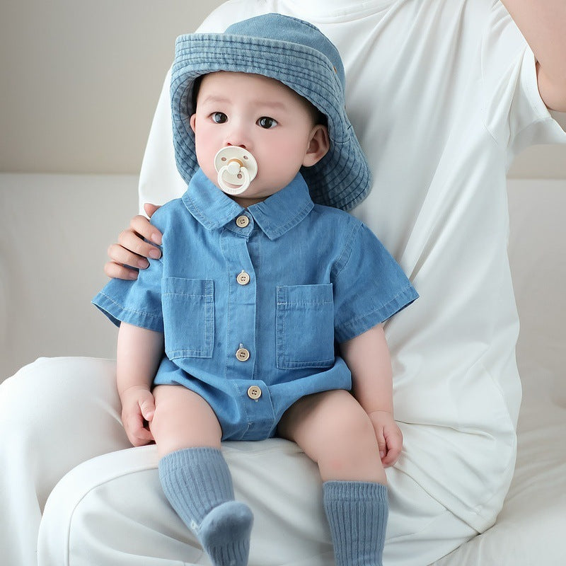 Baby Denim Thin Lapel Short Sleeve Jumpsuit