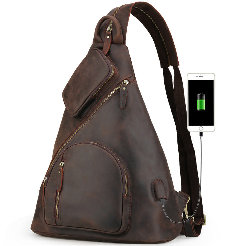 Men's Genuine Leather Large Capacity Multifunctional Chest Bag Dark Brown