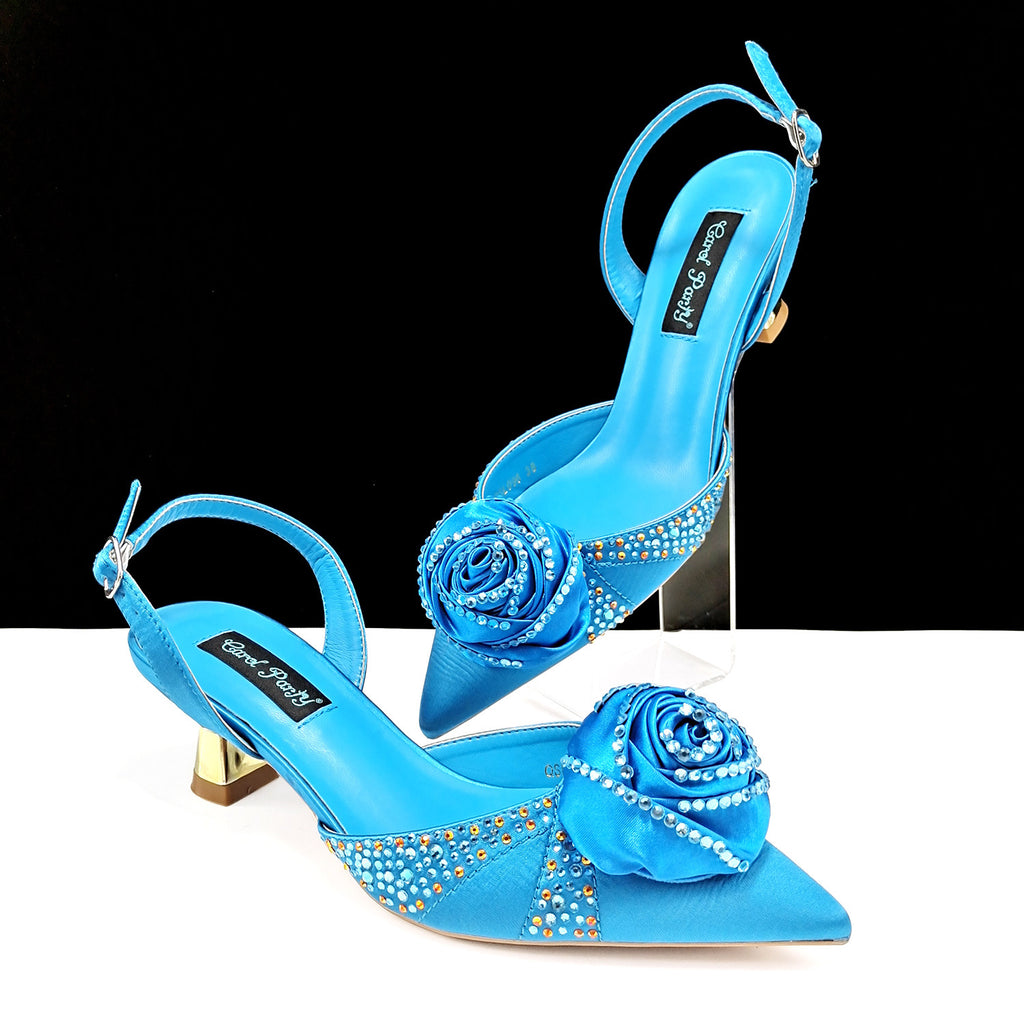 Handmade Satin High Heels & Bags Set with Flower Decoration