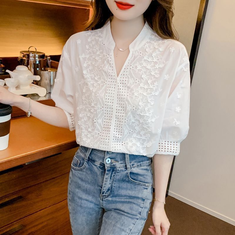 Hollow Out Embroidered Stand Collar Cotton Shirt with Lantern Sleeves