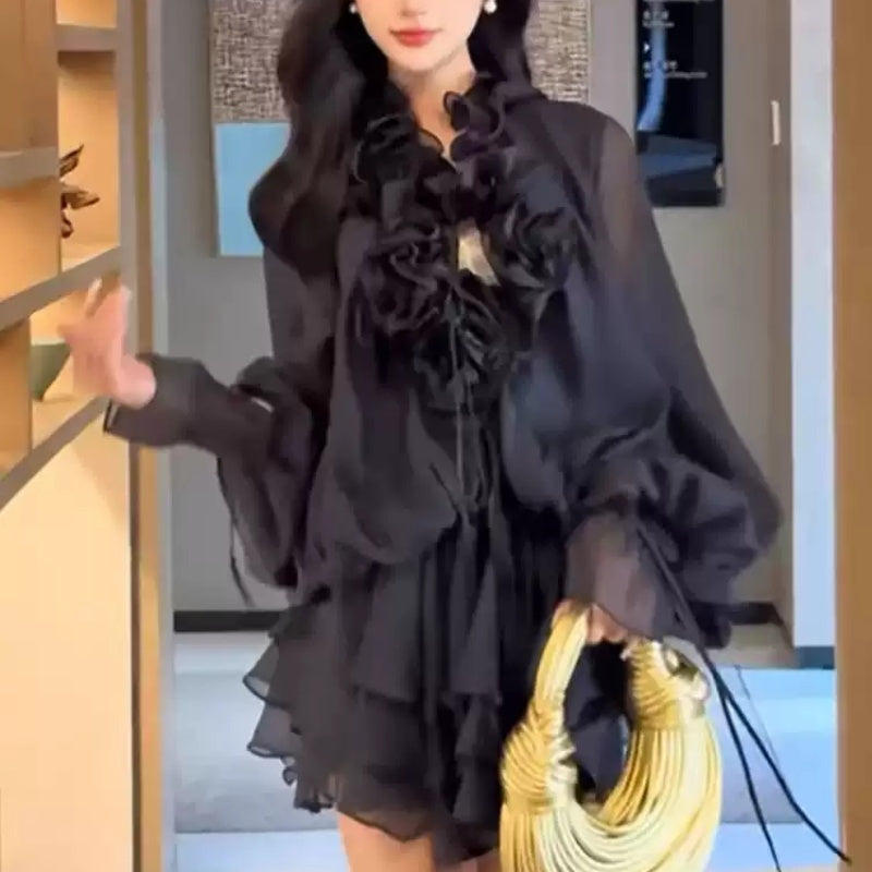 French Style Puff Sleeve Stand-Up Collar Shirt Dress for Women Polyester