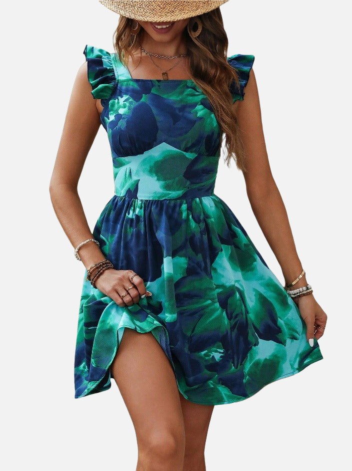 Printed Lace-Up Backless Frill Holiday Dress