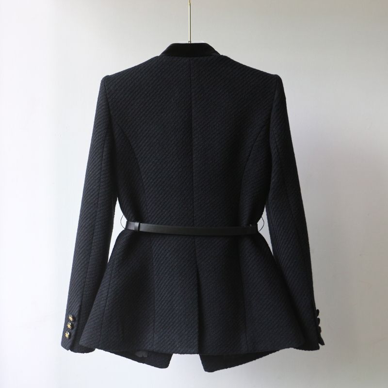 Women's Mid-Length Slimming Overcoat with Shoulder Detail in Black & White Cotton