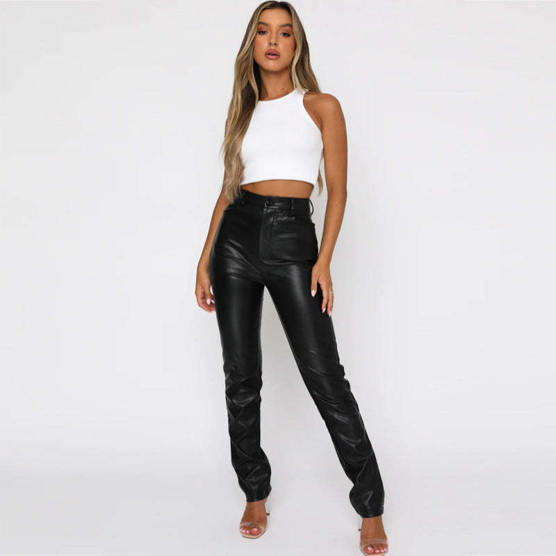 High Waist PU Leather Casual Trousers for Women