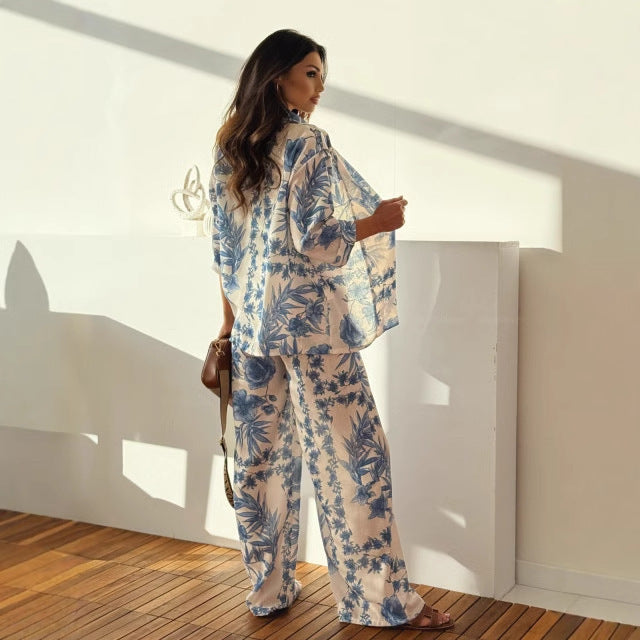 Women's Printed Chenille Long-Sleeve Top and Pants Set in Red & Blue