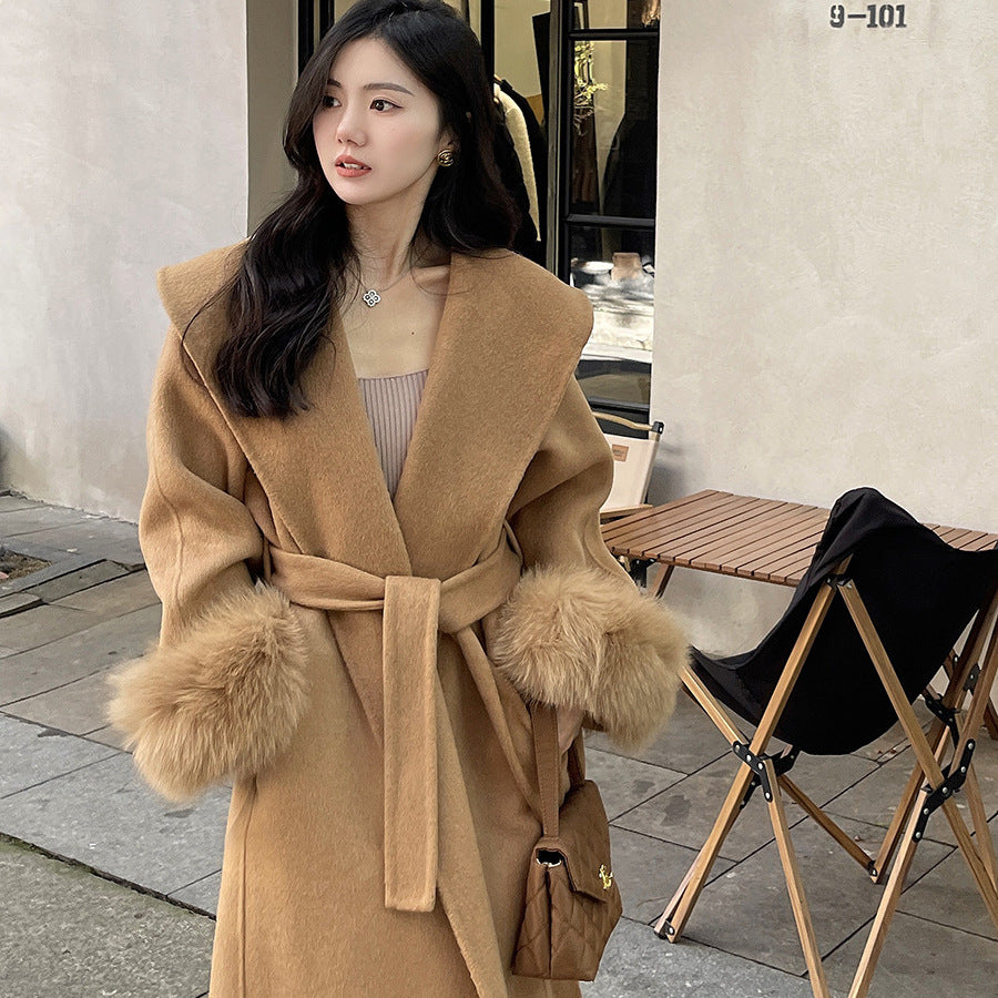 Double-Sided Mink Cashmere Long Coat with Large Lapel