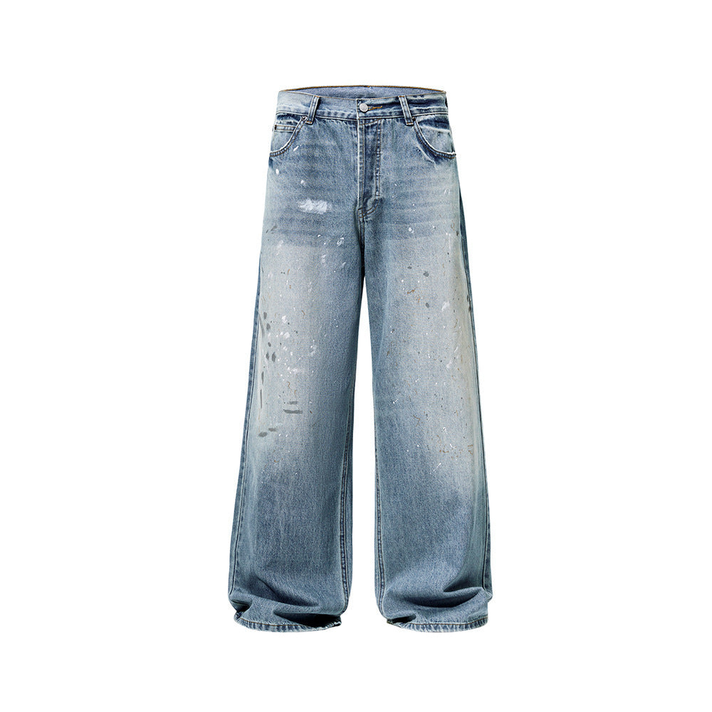 American-Style Ice Blue Washed Loose Denim Jeans