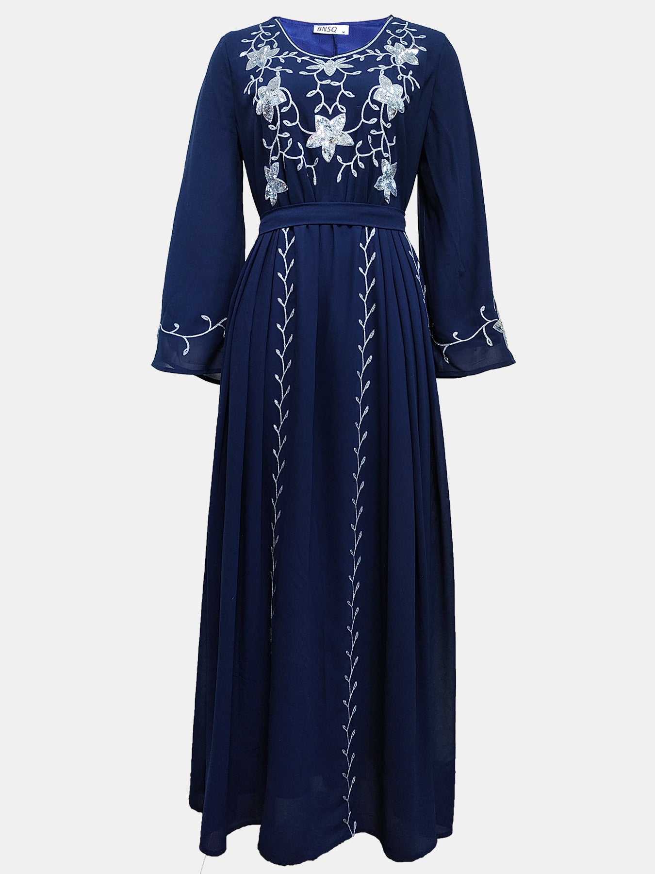Robe de soirée élégante à broderies et appliqués avec ceinture, manches longues, jupe longue
