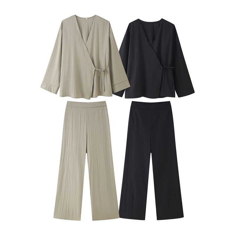 Retro Lace-Up Two-Piece Long Sleeve Trousers Suit in Gray Green & Black