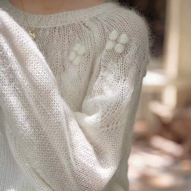 Pull rétro en mohair blanc de haute qualité pour femme