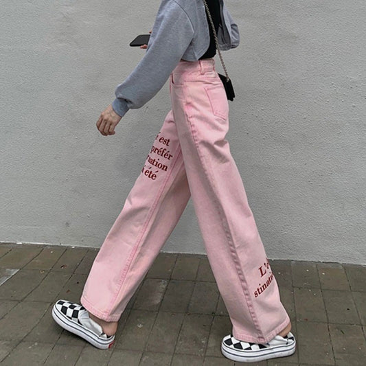 Letter Embroidered Straight Trousers Autumn Loose Wide Leg Pants