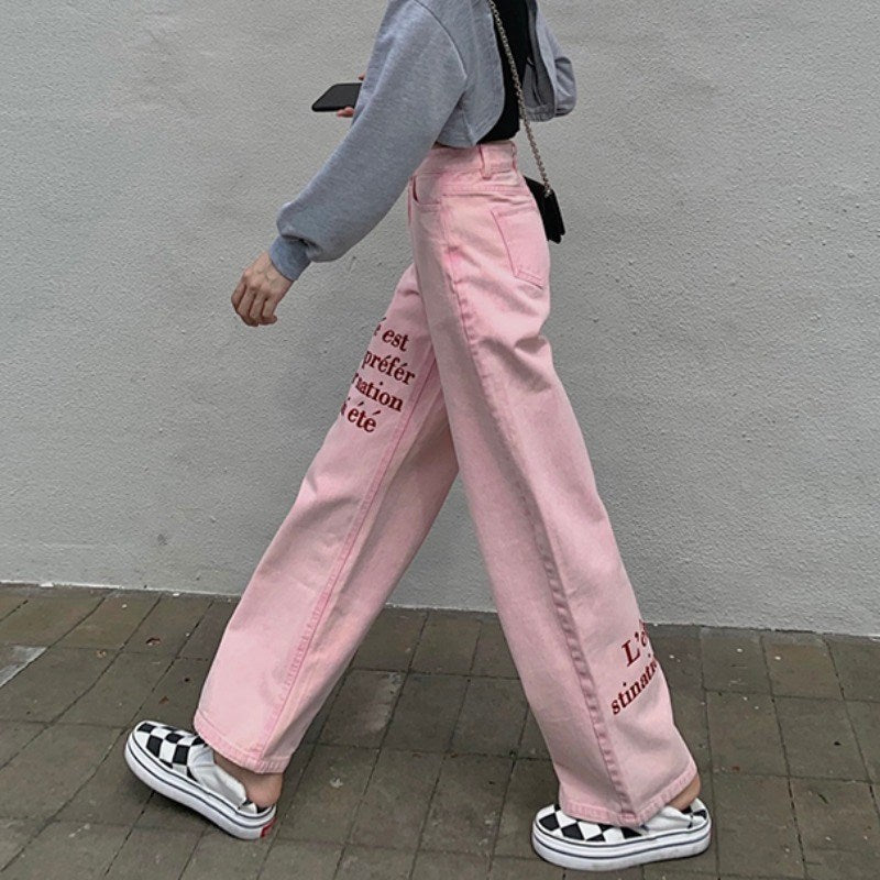 Pink Letter Embroidered High Waist Wide Leg Cotton Trousers