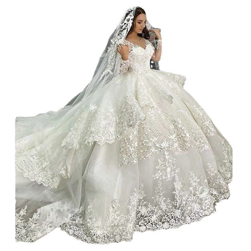 Ivory White Off-Shoulder Lace Bridal Wedding Dress with Trailing Skirt
