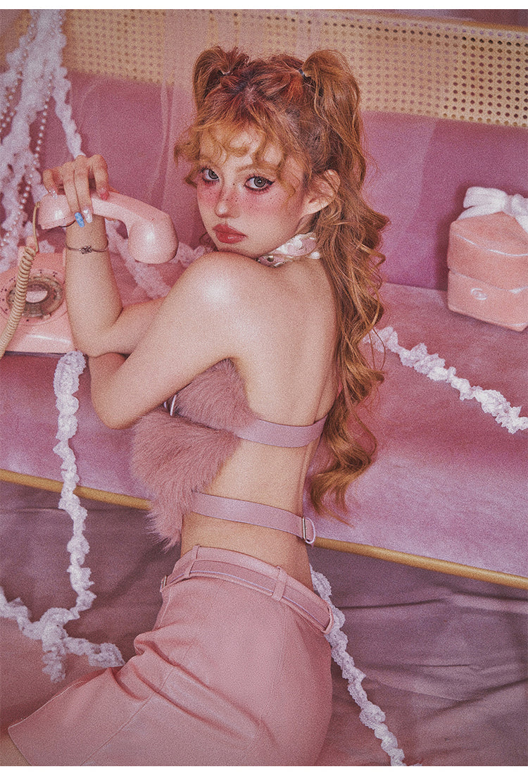 Heart Hair Bra and Leather Skirt Set for Autumn Winter
