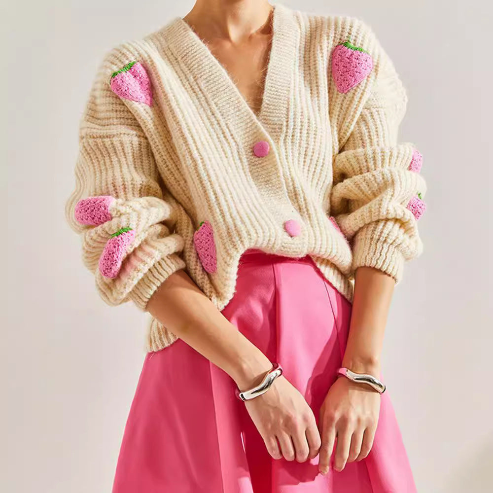 Beige V-Neck Cardigan Sweater with Strawberry Crochet Flowers