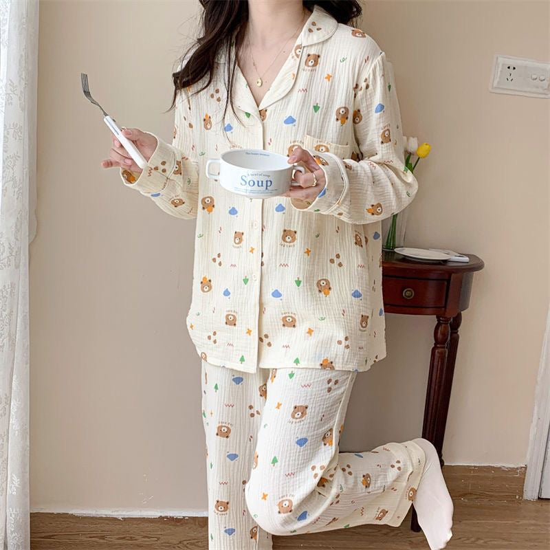Pyjama bébé en coton, cardigan fin à manches longues imprimé ours, tenue d'intérieur pour petite fille