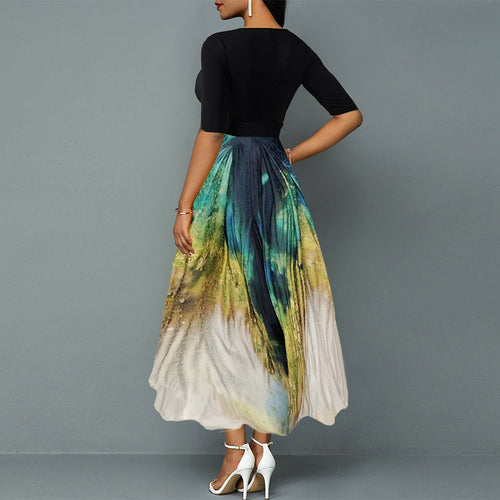 Women's Summer Black Chiffon Peacock Print Dress