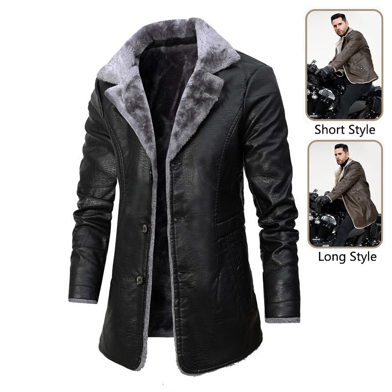 Men's Plush Lapel Artificial Leather Jacket Winter Warm Fleece Single-Breasted Coat