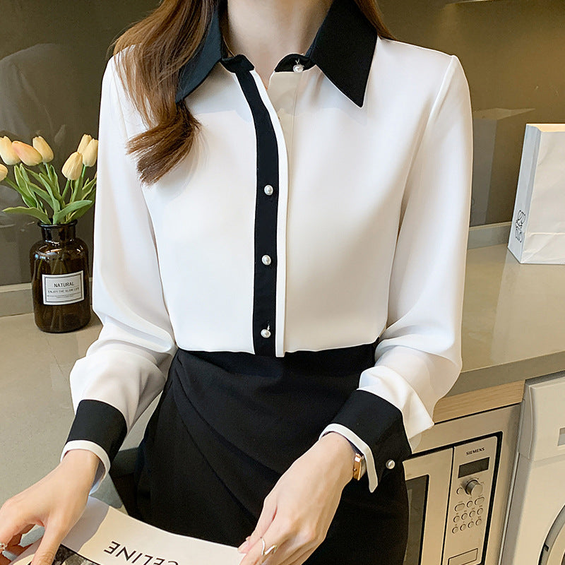 Contrast Color Single Row Pearl Buckle Long Sleeve Cardigan Shirt