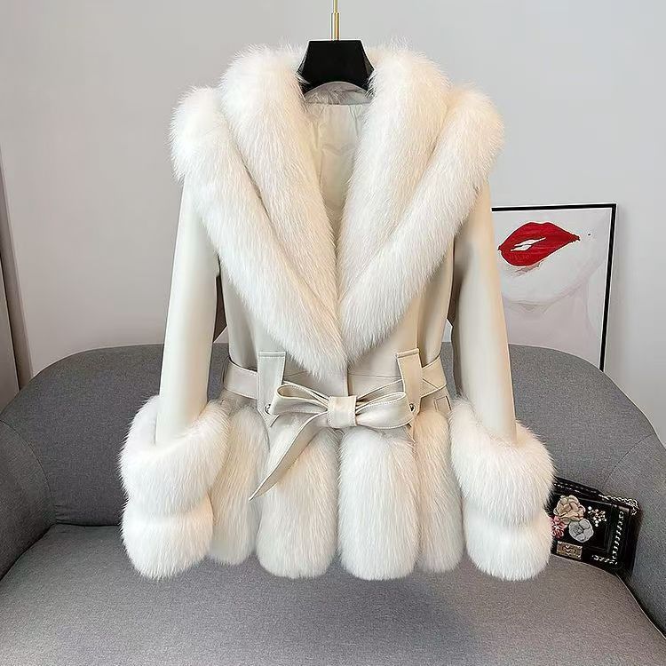 Thick Mid-Length Faux Fur Leather Coat with Fur Collar