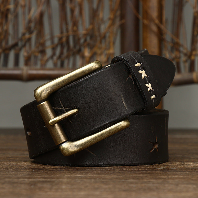 Vintage Washed First Layer Cow Leather Pin Buckle Jeans Belt 3.8cm Wide