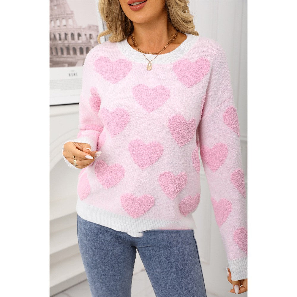 European And American Pullover Jacquard Peach Heart Sweater For Women