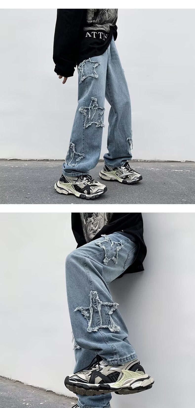 Men's Blue Loose Straight Denim Pants Mid Waist