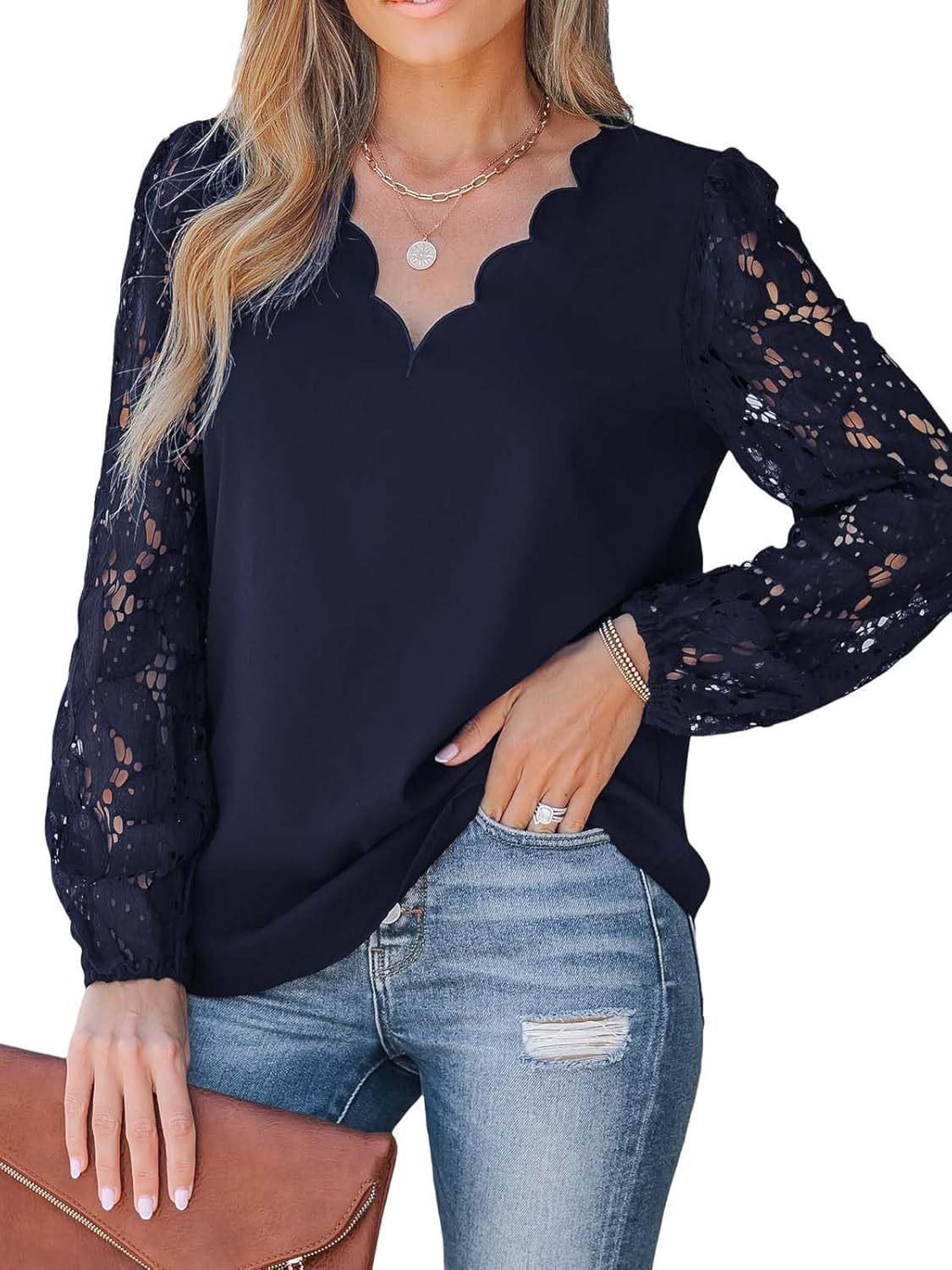 Womens V-Neck Floral Lace Long-Sleeve Shirt with Wave Pattern