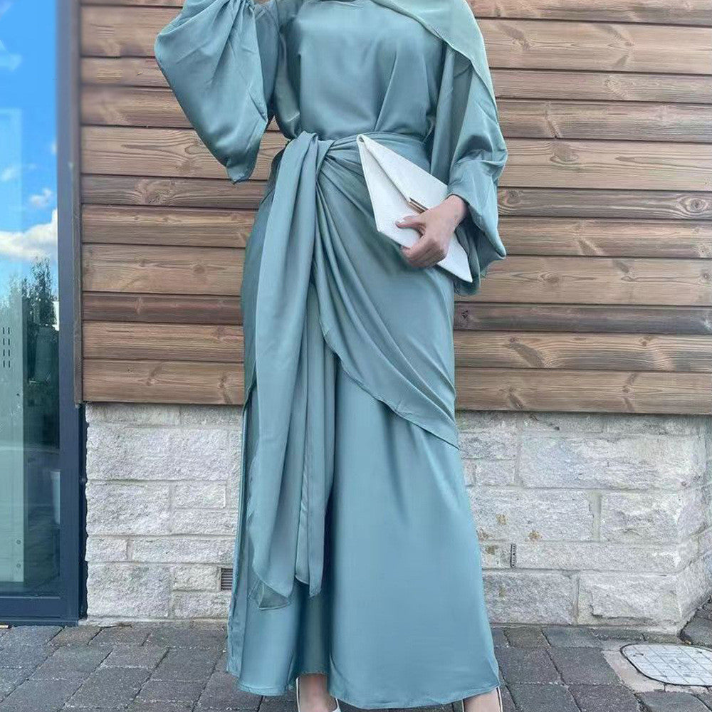 Robe longue douce turque à manches longues pour femmes avec détail à lacets