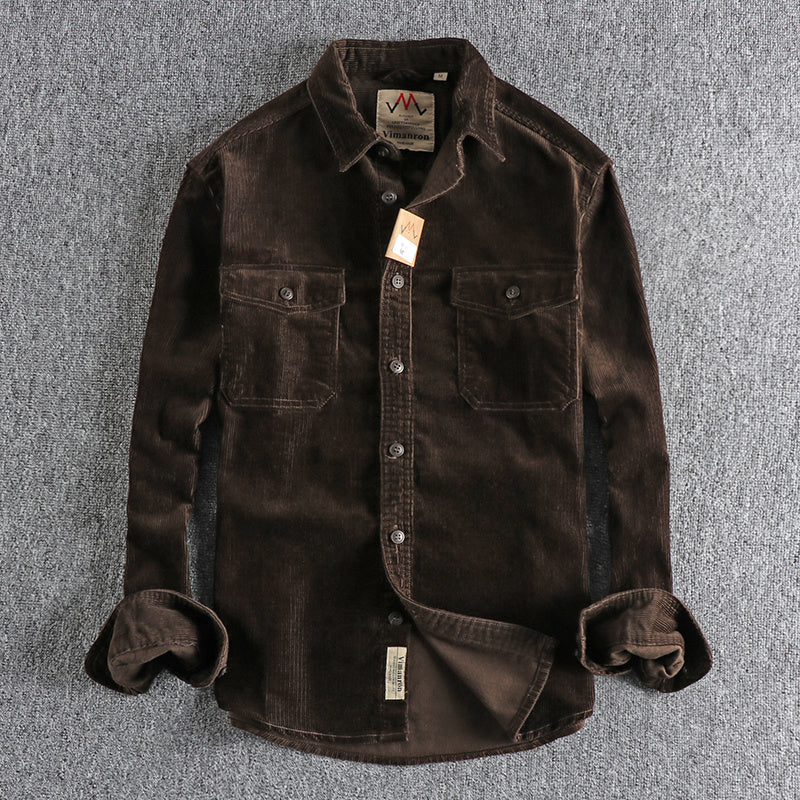 Retro Washed Wool Corduroy Long-Sleeve Shirt for Men in Multiple Colors