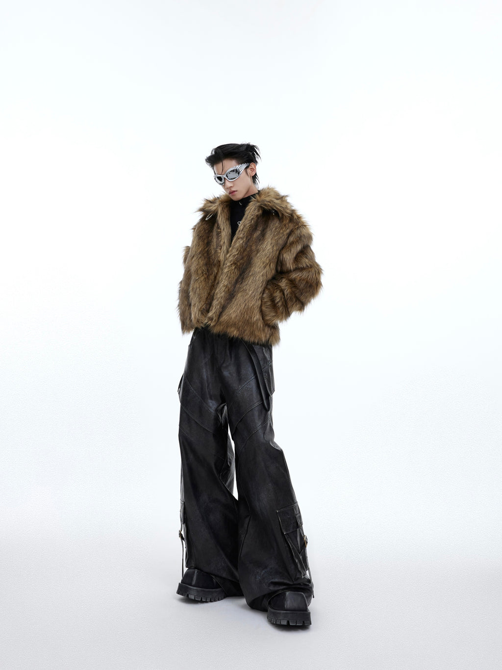 Pantalon décontracté Punk en similicuir éclaboussé d'encre avec poches