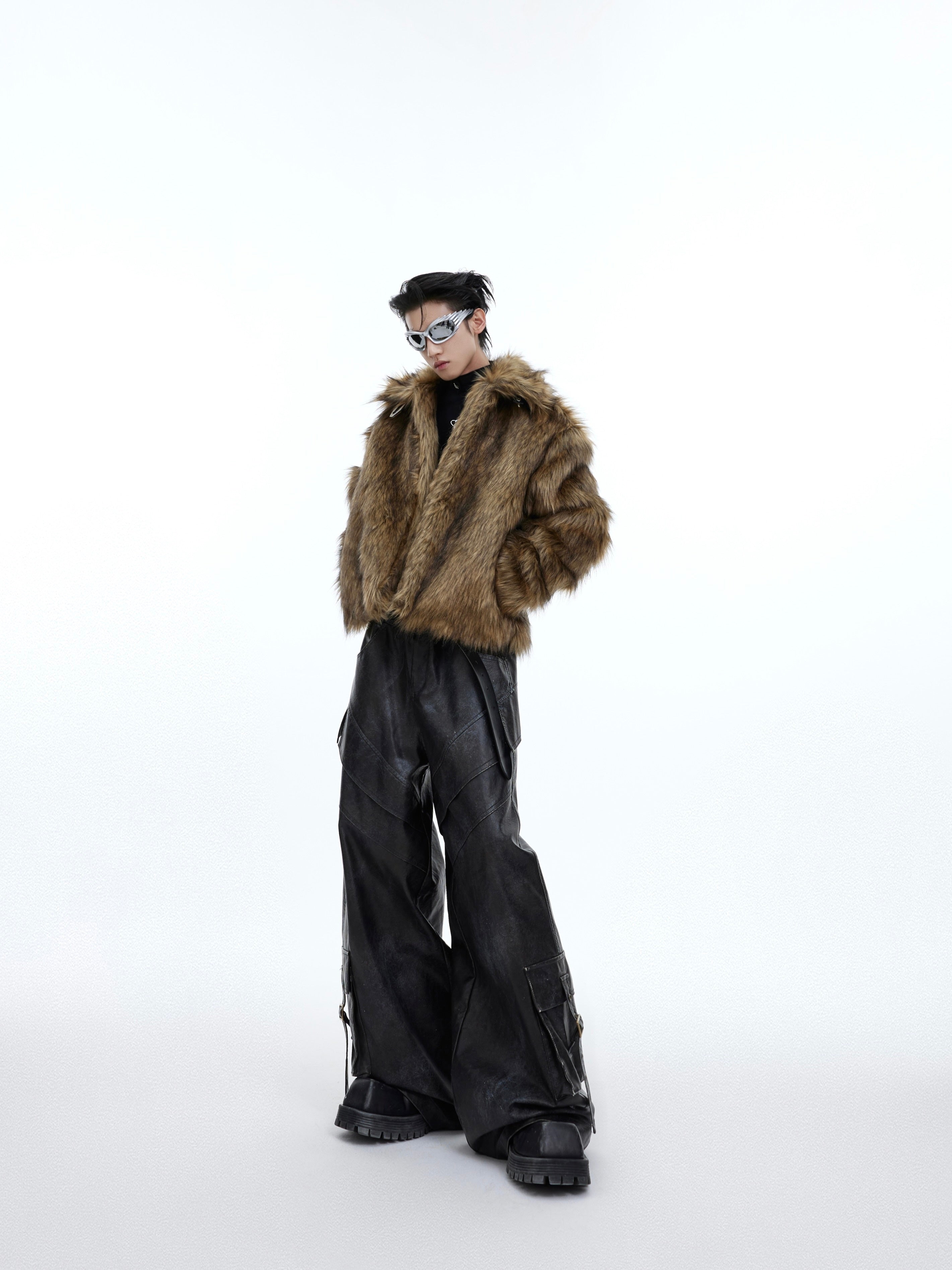 Pantalon décontracté Punk en similicuir éclaboussé d'encre avec poches