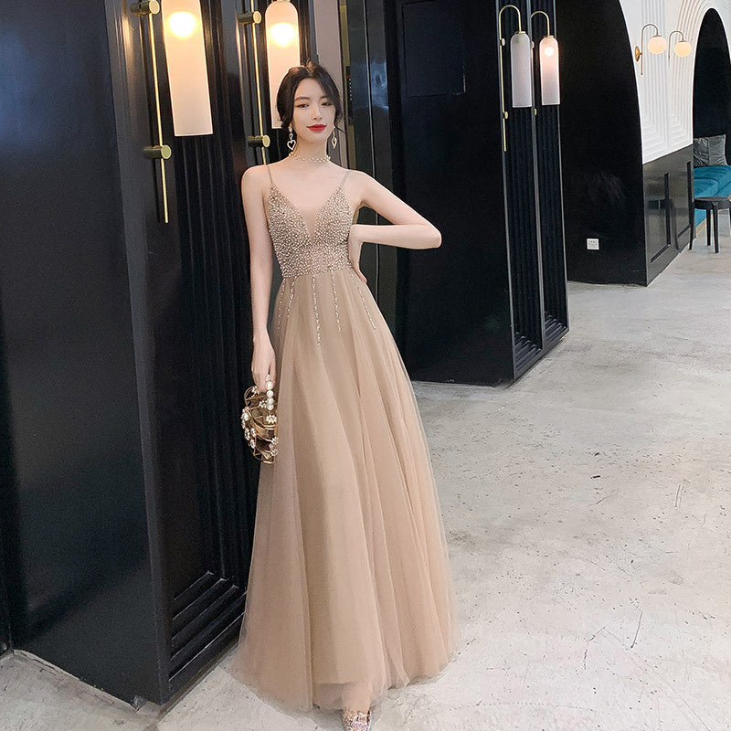 Elegant Light Khaki Sling Dress Skirt with Sequins for Annual Meeting Host