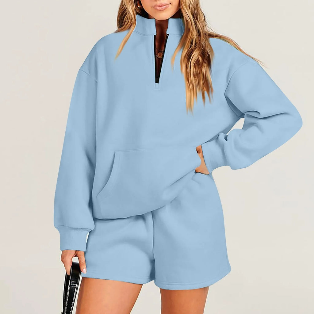 Women's Solid Color Stand Collar Half Zip Pullover & Shorts Set