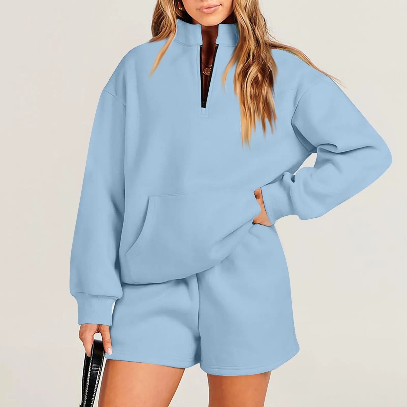 Women's Solid Color Stand Collar Half Zip Pullover & Shorts Set