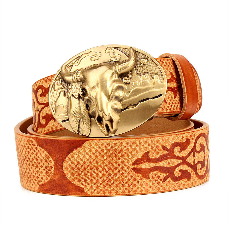 Men's Ethnic Leather Belt Oval Copper Buckle First Layer Cowhide