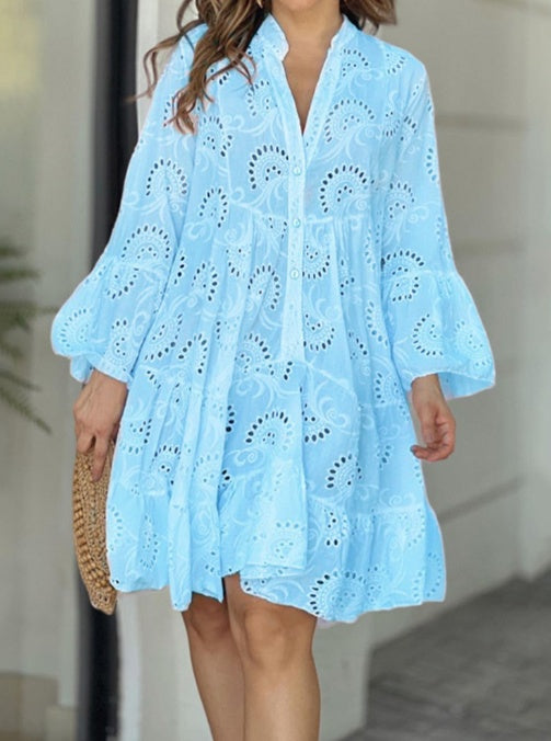 Summer Flower Hollow-out Embroidered V-neck Large Swing Dress