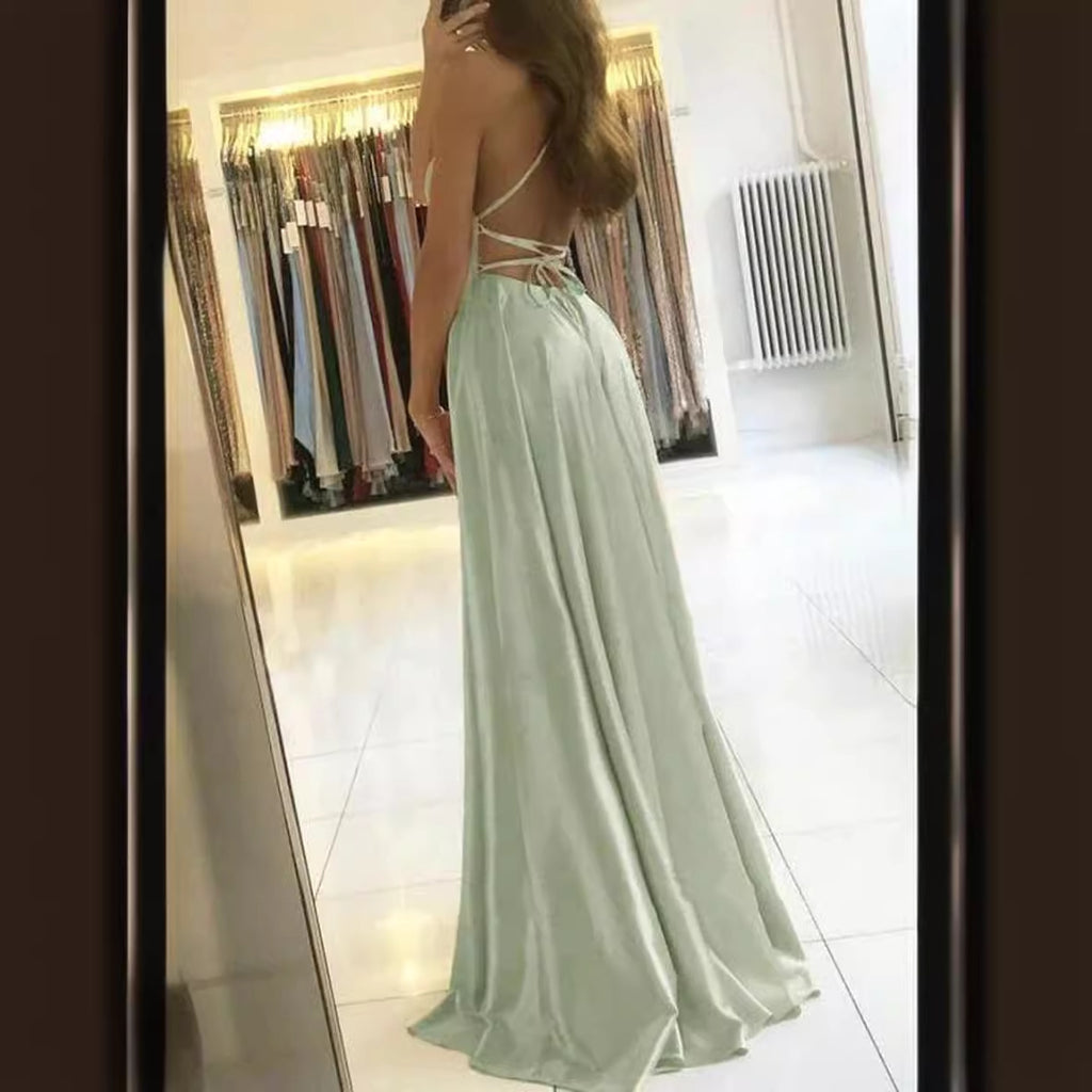 Long Slim Strap Backless Dress with High Slit for Dance and Hosting