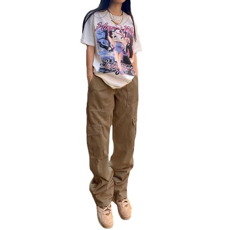Pantalon droit multi-poches taille haute style workwear