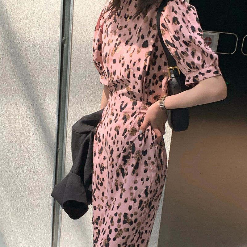Leopard Print Puff Sleeve Dress Summer New Round Neck Lace-up Waist-controlled Slimming Temperament Split Long Dress
