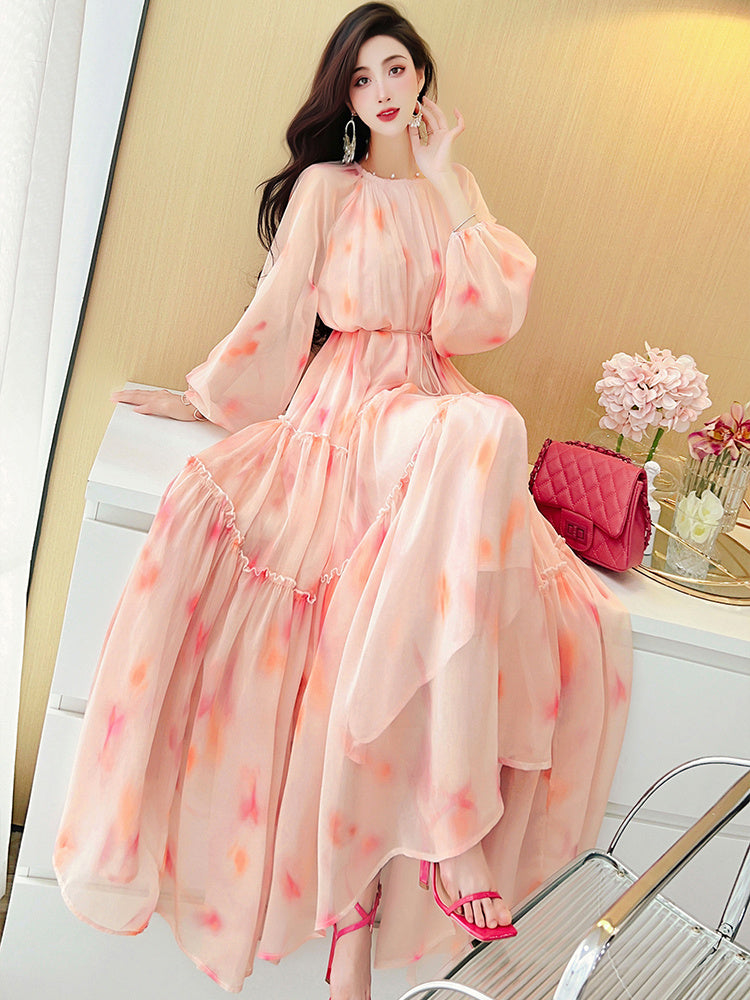 Women's Floral Chiffon Dress with Round Neck, One Size