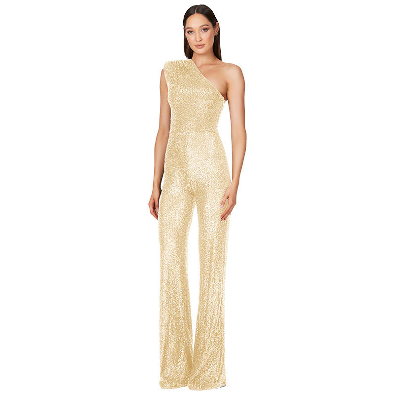 Sleeveless One-shoulder Fashion High Waist Design Sequined Jumpsuit